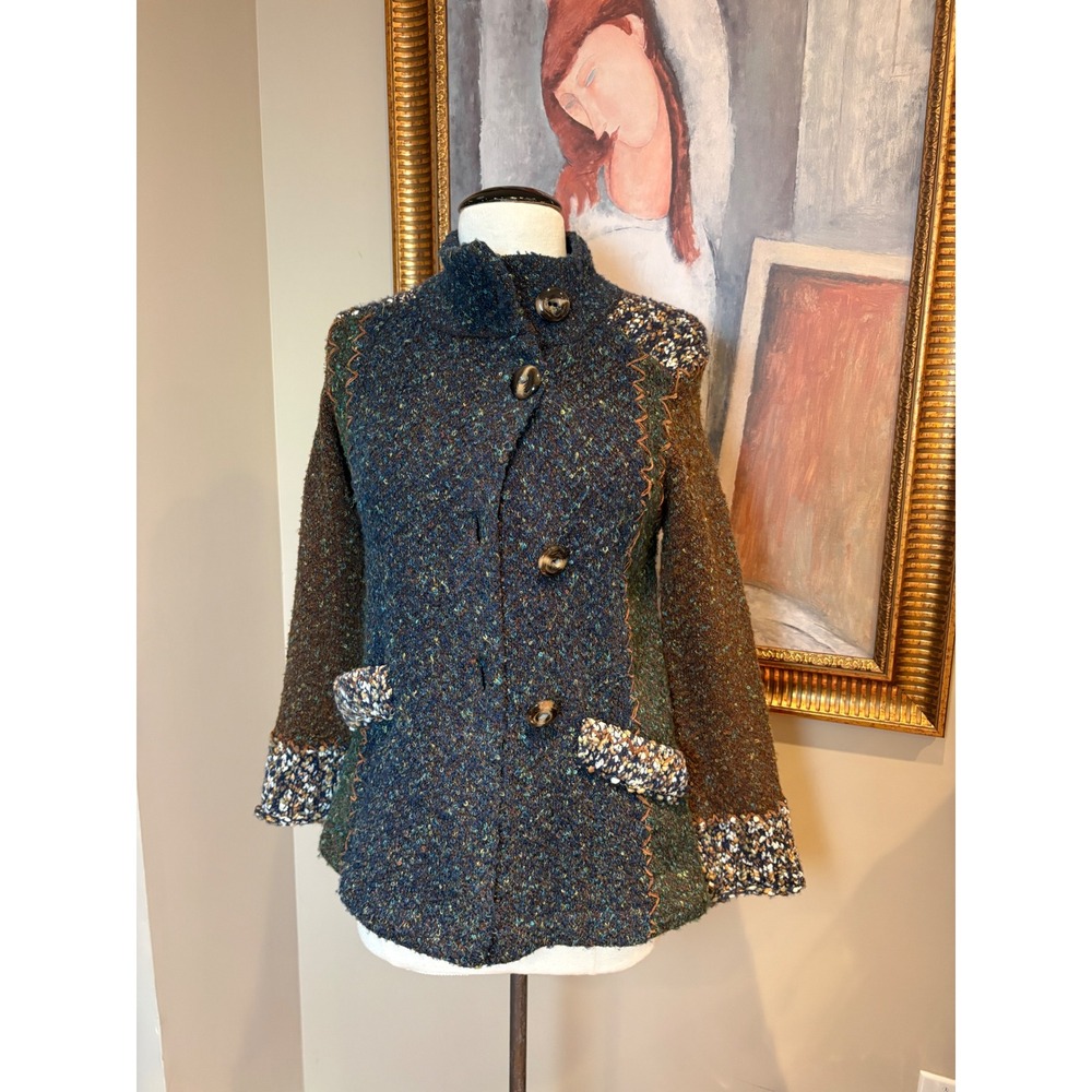 Vintage Curio Anthropologie Teal Green Boucle Knit Button Front Cardigan Small